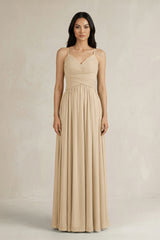 Champagne A-Line Pleated Spaghetti Strap Chiffon Bridesmaid Dress | KISSBRIDAL