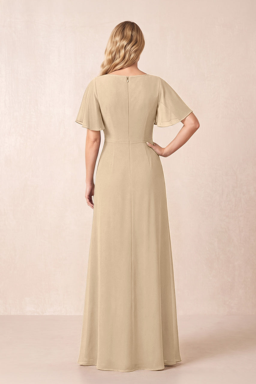 Champagne A-Line Ruched Chiffon Mother of the Bride Dress with Ruffled Sleeves