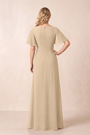 Champagne A-Line Ruched Chiffon Mother of the Bride Dress with Ruffled Sleeves (2) | KISSBRIDAL