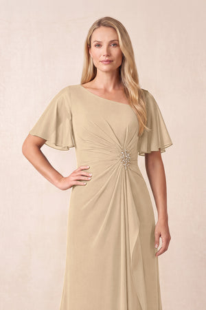 Champagne A-Line Ruched Chiffon Mother of the Bride Dress with Ruffled Sleeves (3) | KISSBRIDAL
