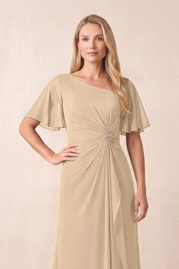 Champagne A-Line Ruched Chiffon Mother of the Bride Dress with Ruffled Sleeves (3) | KISSBRIDAL
