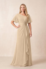 Champagne A-Line Ruched Chiffon Mother of the Bride Dress with Ruffled Sleeves | KISSBRIDAL
