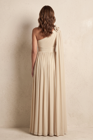 Champagne A-Line Ruched Chiffon One-Shoulder Mother of the Bride Dress With Ribbon (2) | KISSBRIDAL