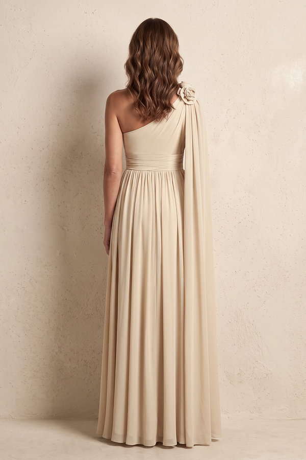 Champagne A-Line Ruched Chiffon One-Shoulder Mother of the Bride Dress With Ribbon (2) | KISSBRIDAL