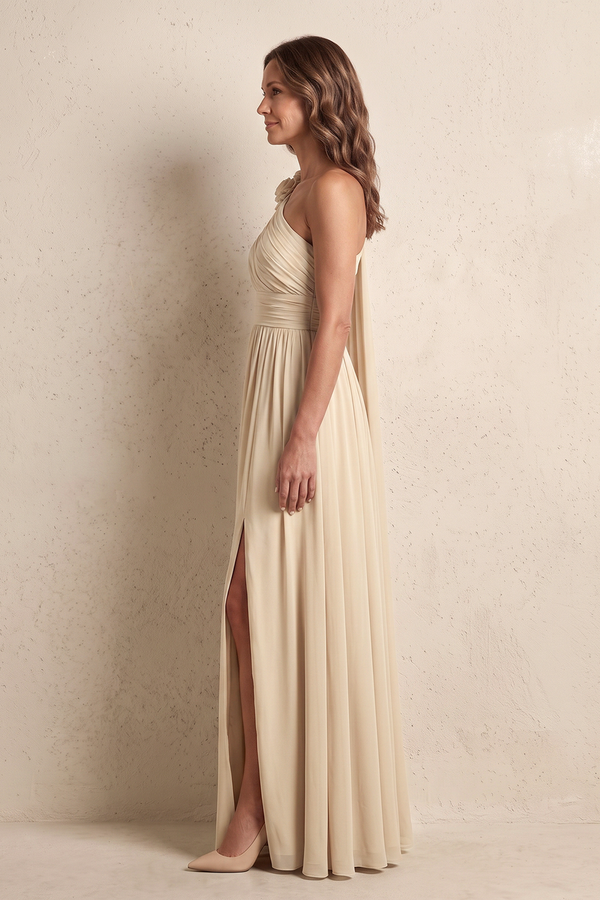 Champagne A-Line Ruched Chiffon One-Shoulder Mother of the Bride Dress With Ribbon (3) | KISSBRIDAL