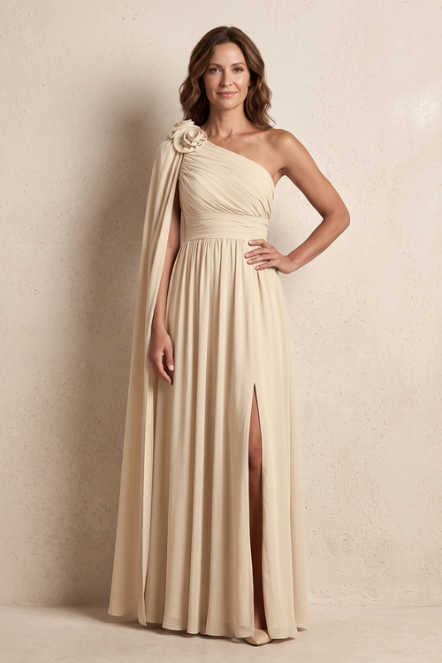 Champagne A-Line Ruched Chiffon One-Shoulder Mother of the Bride Dress With Ribbon | KISSBRIDAL