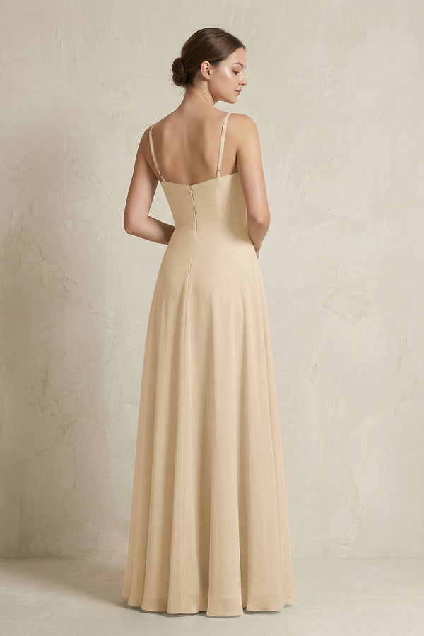 Champagne A-Line Ruffled Spaghetti Strap Chiffon Bridesmaid Dress (2) | KISSBRIDAL