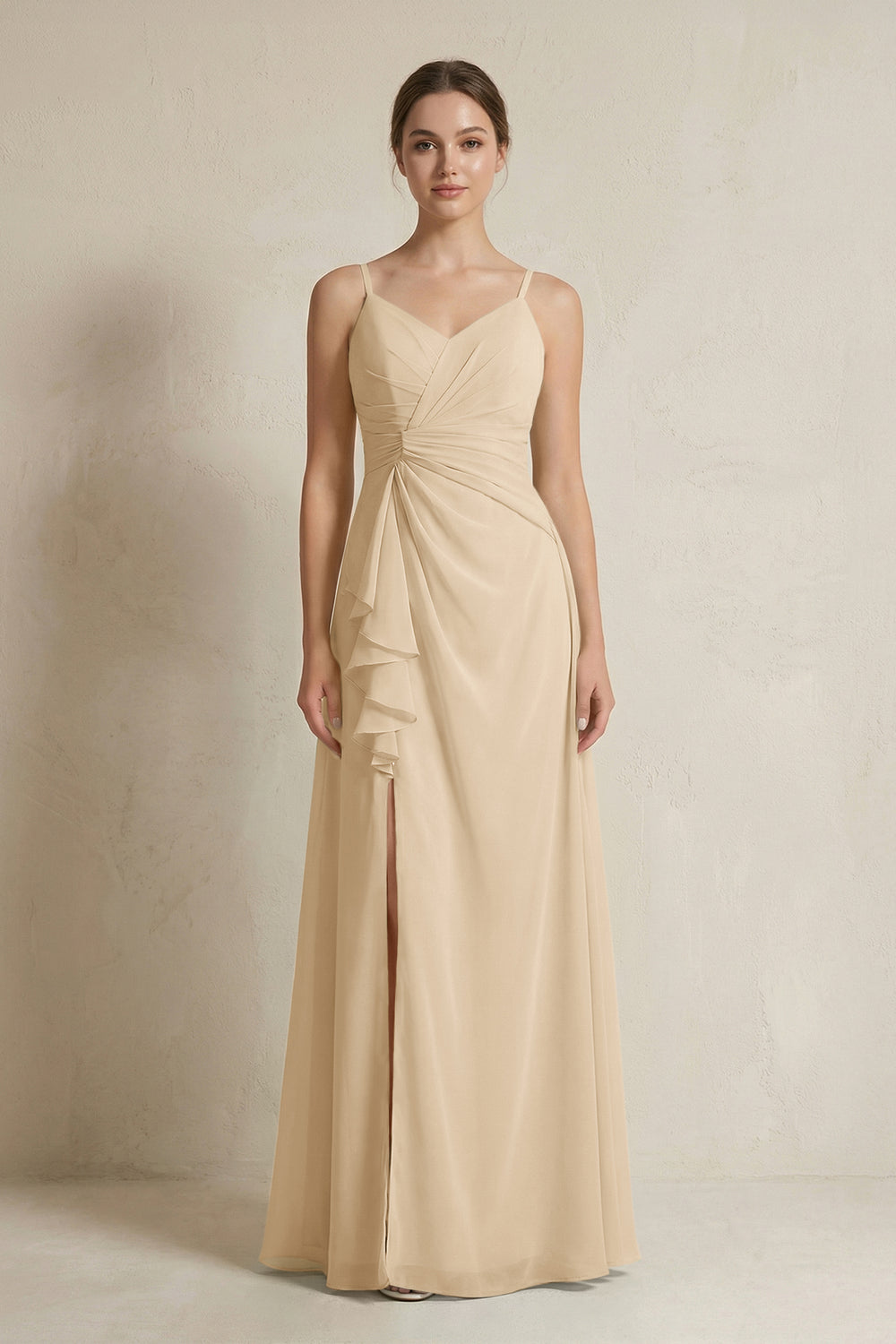 A-Line Ruffled Spaghetti Strap Chiffon Bridesmaid Dress in Champagne