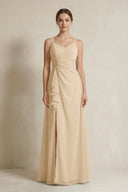 Champagne A-Line Ruffled Spaghetti Strap Chiffon Bridesmaid Dress | KISSBRIDAL