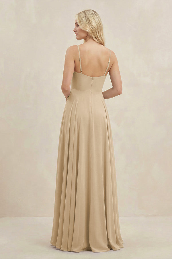Champagne A-Line Spaghetti Strap Chiffon Bridesmaid Dress (2) | KISSBRIDAL