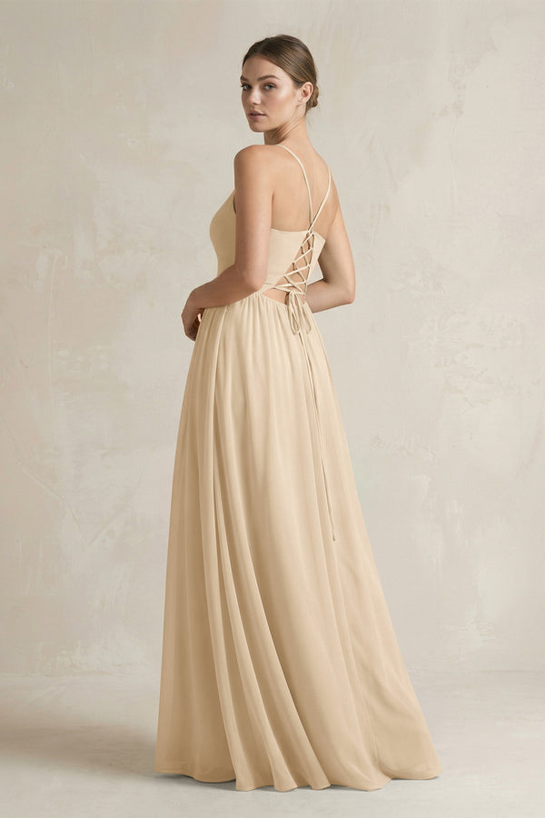 Champagne A-Line Spaghetti Strap Chiffon Bridesmaid Dress (2) | KISSBRIDAL