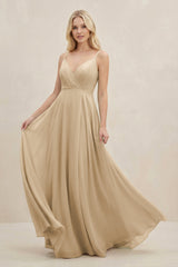 Champagne A-Line Spaghetti Strap Chiffon Bridesmaid Dress | KISSBRIDAL
