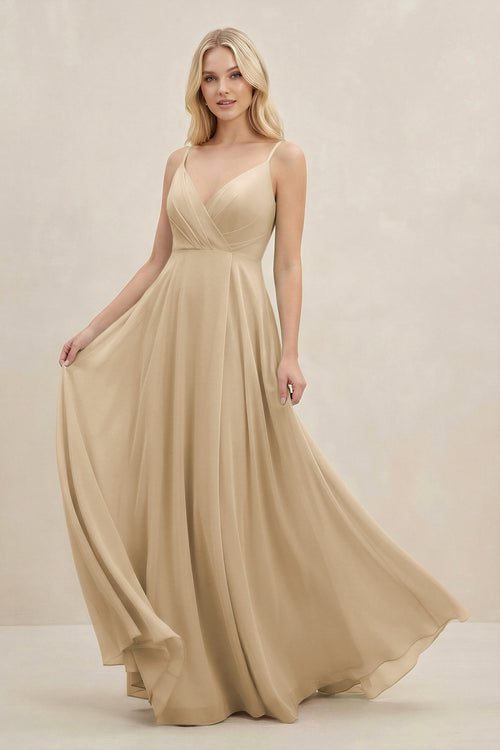 Champagne A-Line Spaghetti Strap Chiffon Bridesmaid Dress | KISSBRIDAL