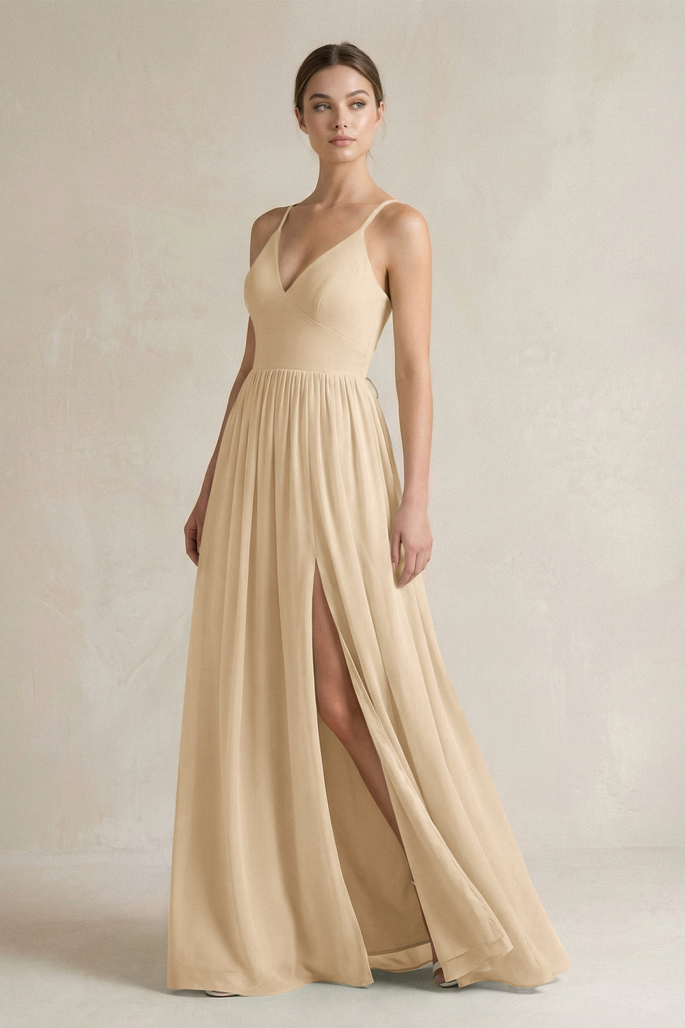 A-Line Spaghetti Strap Chiffon Bridesmaid Dress in Champagne