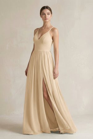 Champagne A-Line Spaghetti Strap Chiffon Bridesmaid Dress | KISSBRIDAL