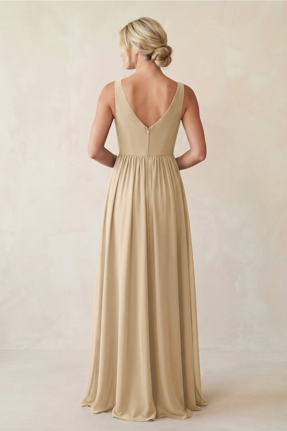 A-Line V-Neck Pleated Chiffon Bridesmaid Dress in Champagne