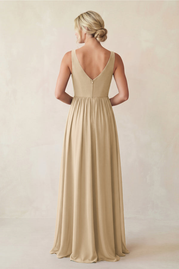 Champagne A-Line V-Neck Pleated Chiffon Bridesmaid Dress (2) | KISSBRIDAL