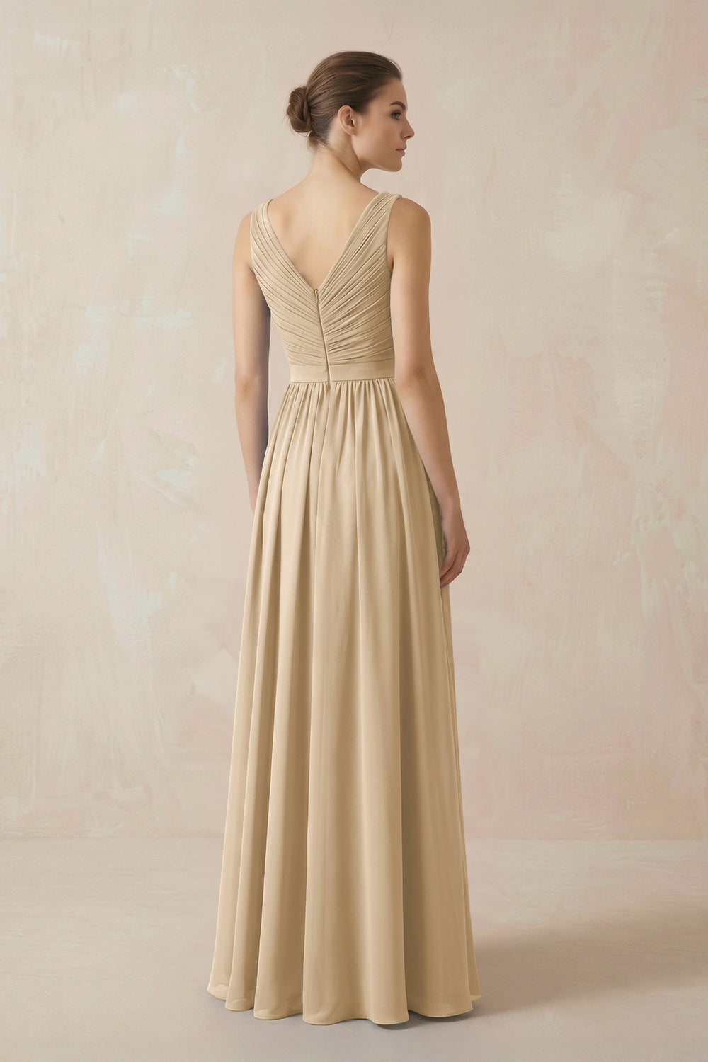 A-Line V-Neck Pleated Chiffon Bridesmaid Dress in Champagne
