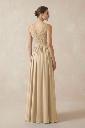 Champagne A-Line V-Neck Pleated Chiffon Bridesmaid Dress (2) | KISSBRIDAL