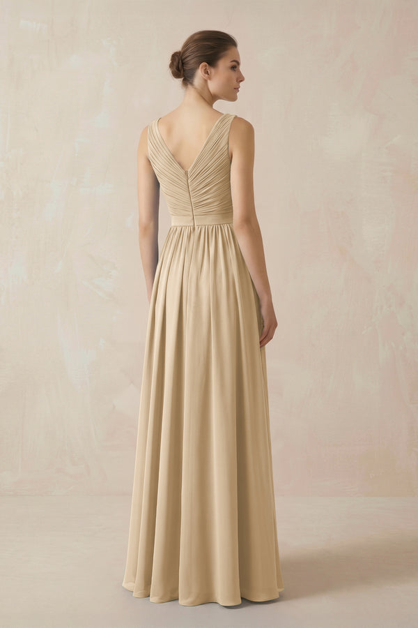 Champagne A-Line V-Neck Pleated Chiffon Bridesmaid Dress (2) | KISSBRIDAL