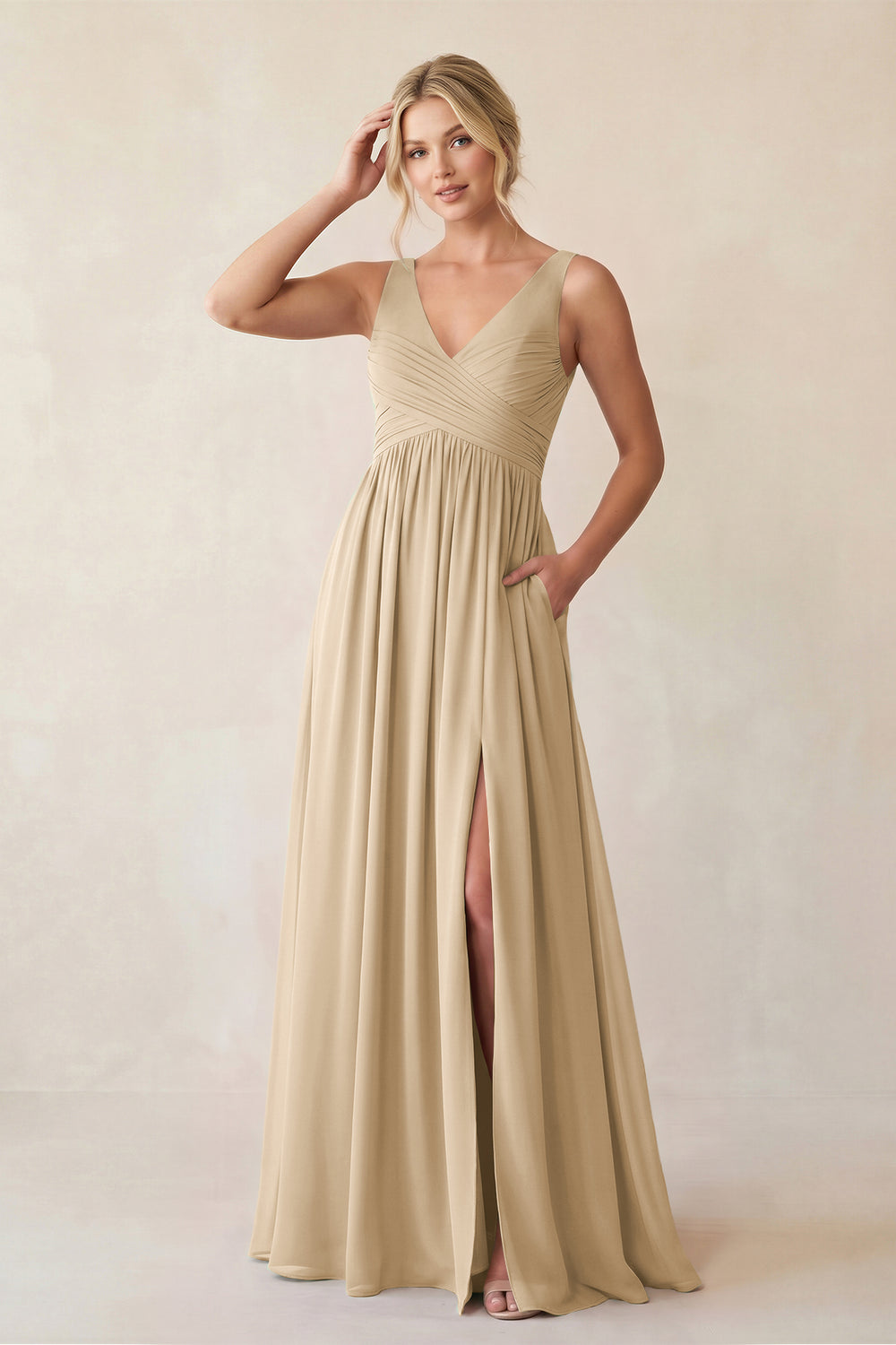A-Line V-Neck Pleated Chiffon Bridesmaid Dress in Champagne
