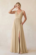 Champagne A-Line V-Neck Pleated Chiffon Bridesmaid Dress | KISSBRIDAL