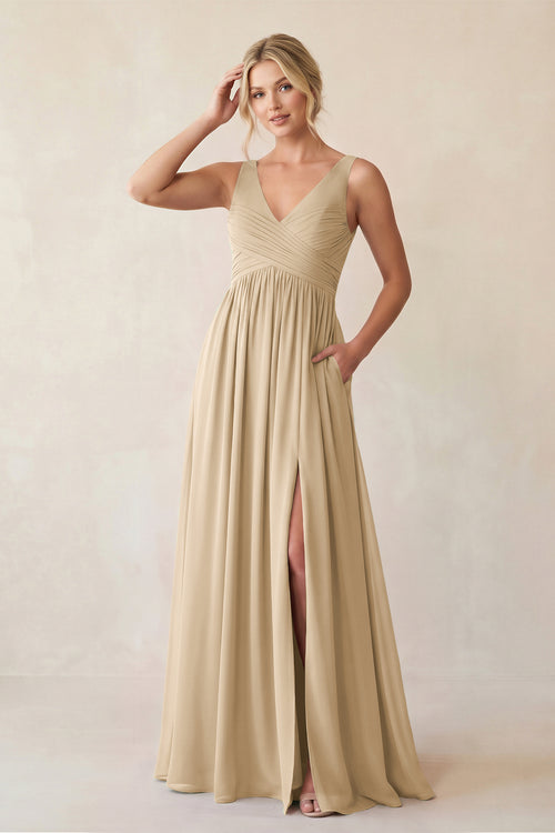 Champagne A-Line V-Neck Pleated Chiffon Bridesmaid Dress | KISSBRIDAL