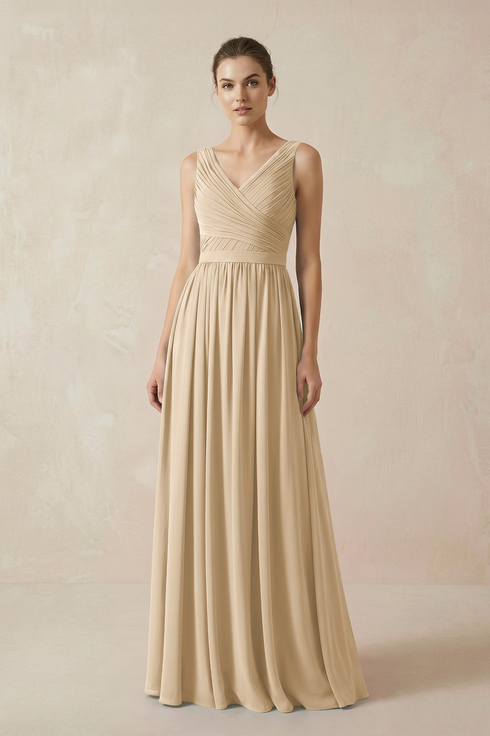 A-Line V-Neck Pleated Chiffon Bridesmaid Dress in Champagne