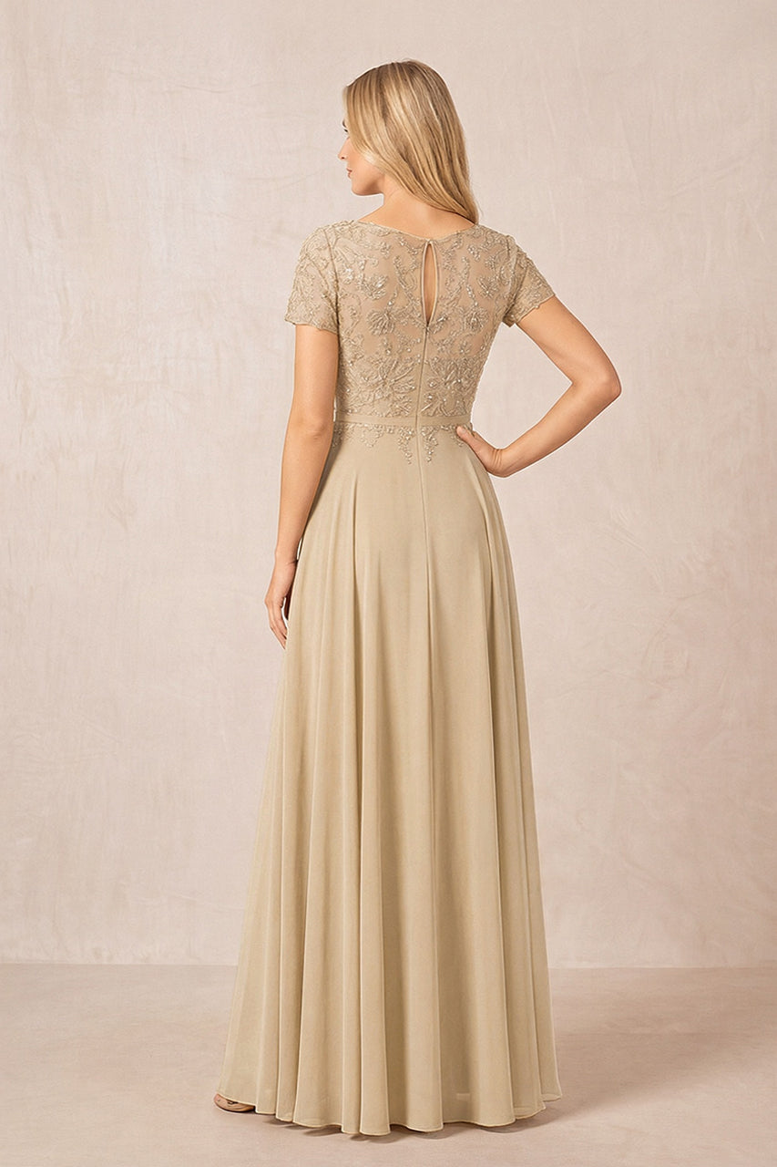 Champagne Boat Neck Chiffon A-Line Embroidered Mother of the Bride Dress with Sleeves