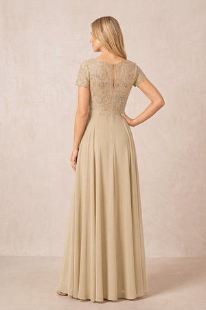 Champagne Boat Neck Chiffon A-Line Embroidered Mother of the Bride Dress with Sleeves (2) | KISSBRIDAL