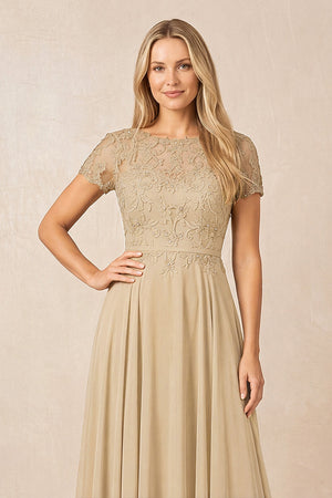 Champagne Boat Neck Chiffon A-Line Embroidered Mother of the Bride Dress with Sleeves (3) | KISSBRIDAL