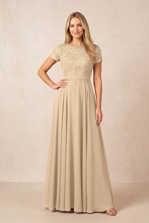 Champagne Boat Neck Chiffon A-Line Embroidered Mother of the Bride Dress with Sleeves | KISSBRIDAL