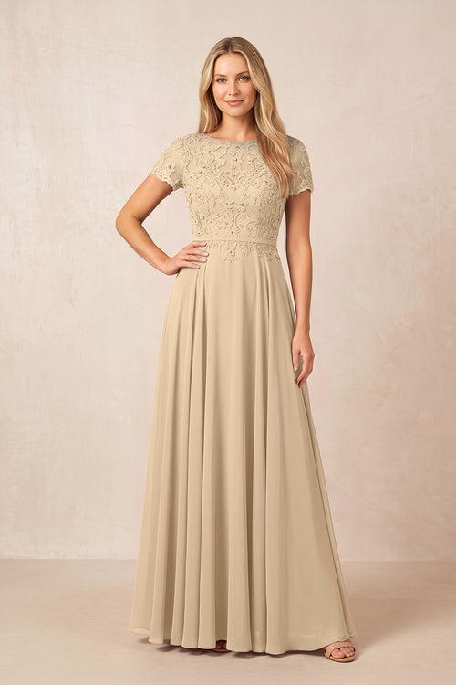 Champagne Boat Neck Chiffon A-Line Embroidered Mother of the Bride Dress with Sleeves | KISSBRIDAL