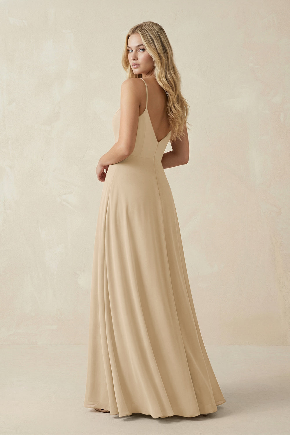 Cami Strap A-Line Chiffon Bridesmaid Dress with Slit in Champagne