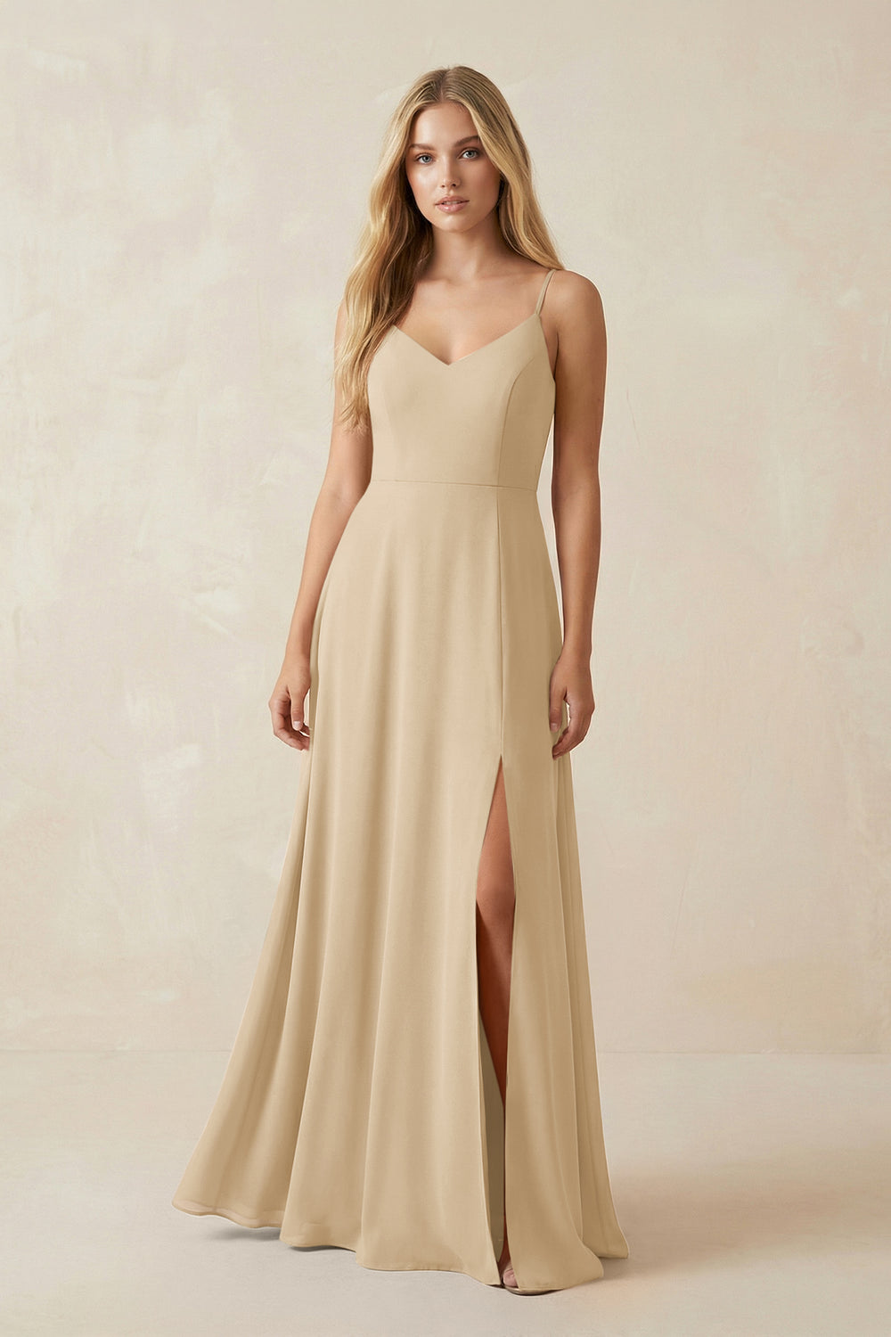Cami Strap A-Line Chiffon Bridesmaid Dress with Slit in Champagne