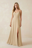 Champagne Cami Strap A-Line Chiffon Bridesmaid Dress with Slit | KISSBRIDAL