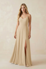 Champagne Cami Strap A-Line Chiffon Bridesmaid Dress with Slit | KISSBRIDAL
