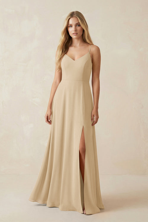 Champagne Cami Strap A-Line Chiffon Bridesmaid Dress with Slit | KISSBRIDAL