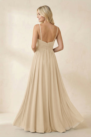 Champagne Cami Strap Chiffon A-Line Bridesmaid Dress with Slit (2) | KISSBRIDAL