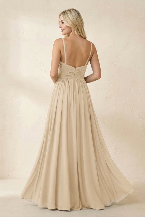 Champagne Cami Strap Chiffon A-Line Bridesmaid Dress with Slit (2) | KISSBRIDAL