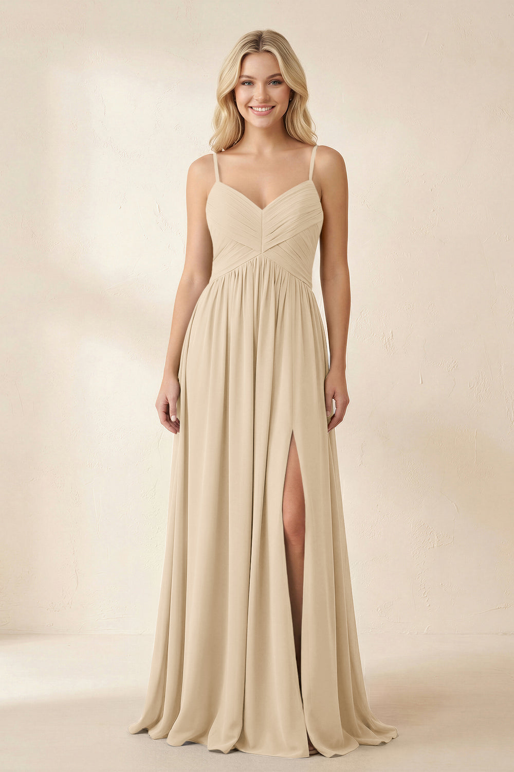 Cami Strap Chiffon A-Line Bridesmaid Dress with Slit in Champagne