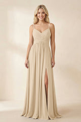 Champagne Cami Strap Chiffon A-Line Bridesmaid Dress with Slit | KISSBRIDAL