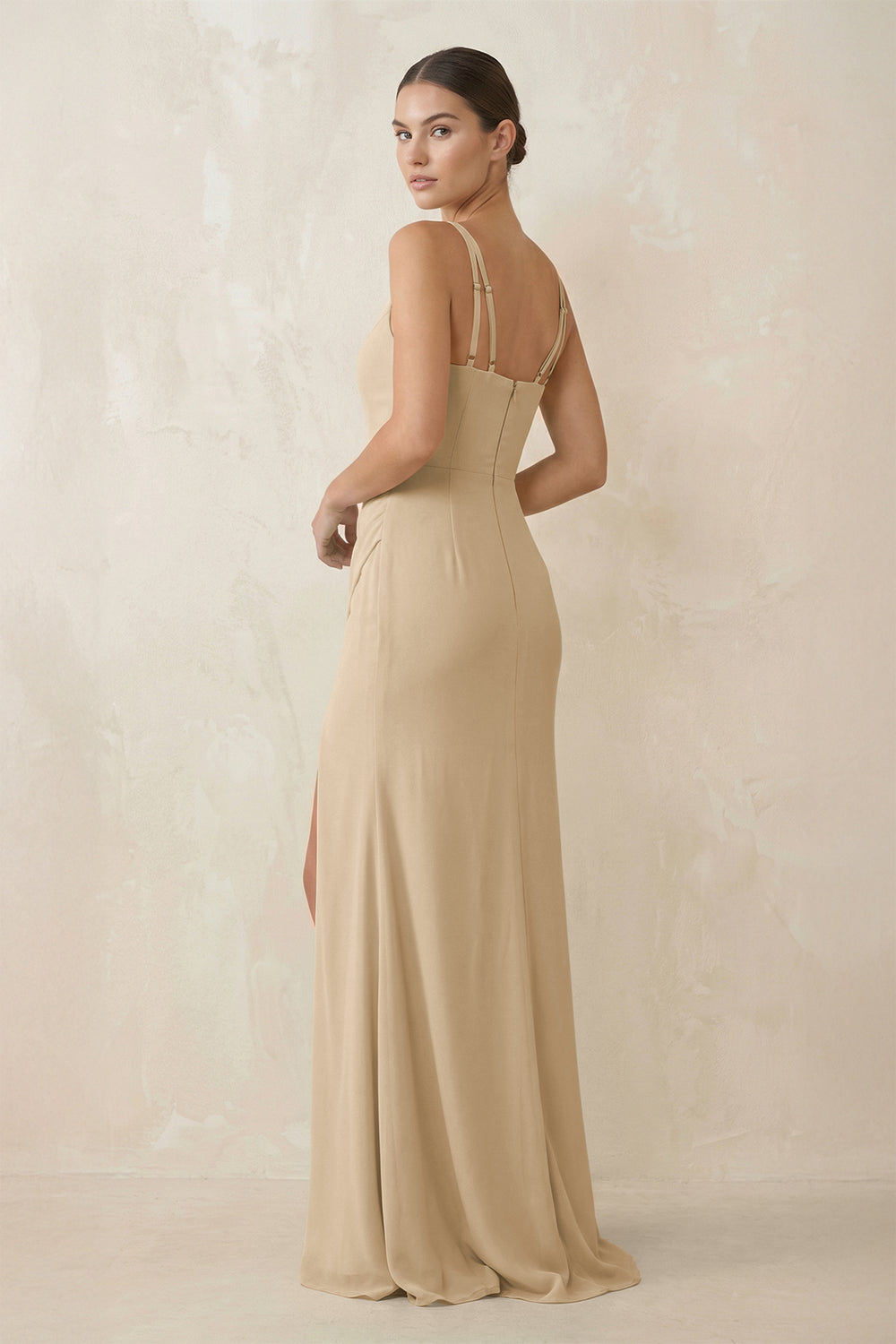 Cami Strap Chiffon Sheath Bridesmaid Gown in Champagne