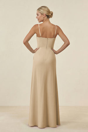 Champagne Cami Strap Chiffon Sheath Bridesmaid Gown (2) | KISSBRIDAL