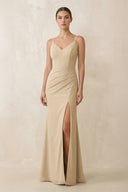 Champagne Cami Strap Chiffon Sheath Bridesmaid Gown | KISSBRIDAL