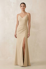 Champagne Cami Strap Chiffon Sheath Bridesmaid Gown | KISSBRIDAL