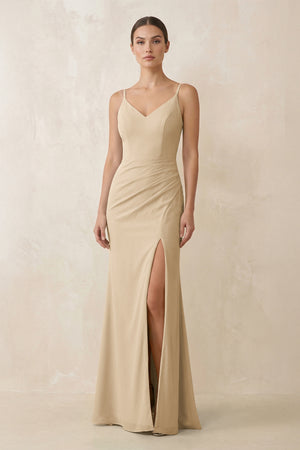 Champagne Cami Strap Chiffon Sheath Bridesmaid Gown | KISSBRIDAL