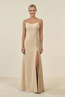 Champagne Cami Strap Chiffon Sheath Bridesmaid Gown | KISSBRIDAL