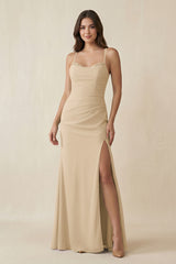 Champagne Cami Strap Sheath Chiffon Bridesmaid Dress with Slit | KISSBRIDAL