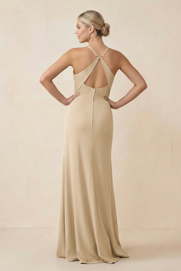 Champagne Cami Strap Sheath Ruched Bridesmaid Dress With Slit (2) | KISSBRIDAL